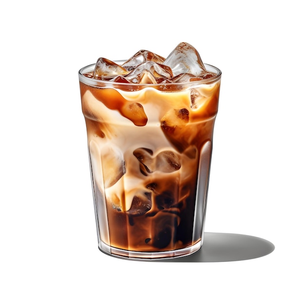 Кофе со льдом в стакане со сливками и кофейными зернами Холодный летний напиток на белом фоне
