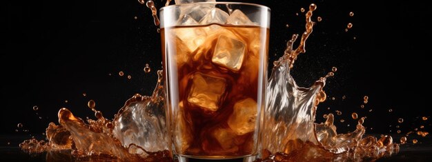 Ice coffee is poured into a clear tall glass with a splash on a black background Created with Generative AI technology