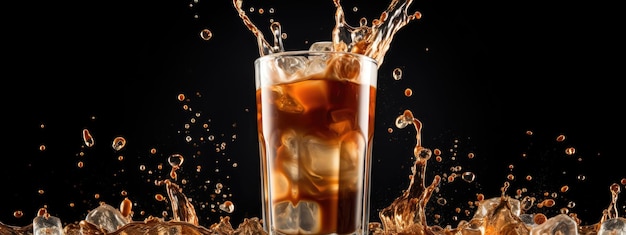 Кофе со льдом наливается в прозрачный высокий стакан с брызгами на черном фоне. Создано с использованием технологии генеративного ИИ.