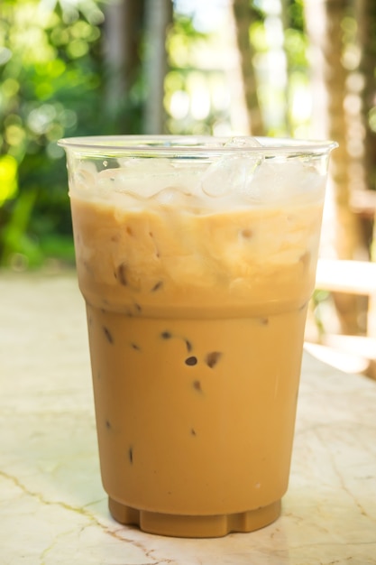 Ice coffee in plastic cup. 