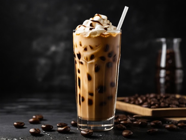 Ice coffee in a tall glass with cream poured over ice cubes and beans on a dark concrete table