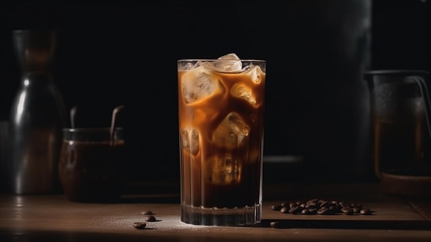 Ice coffee in a tall glass with cream poured over ice cubes and beans Generative AI