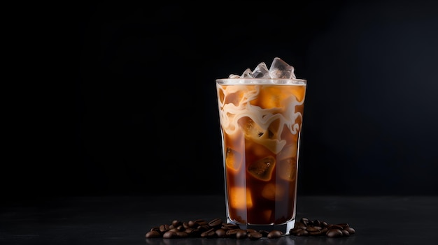 Ice coffee in a tall glass with poured cream ice cubes and beans Cold summer drink on black background with copy space