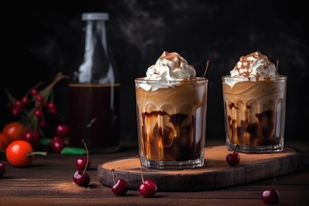 Ice coffee topped with whipped cream and cherry created with generative ai