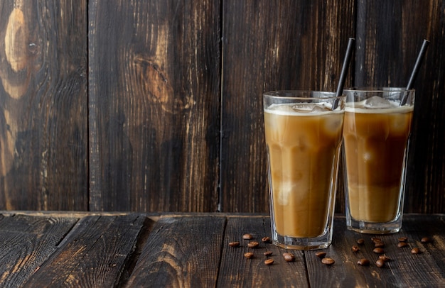 Ice coffee with cream. Cold drinks. Vegetarian food. Healthy eating.