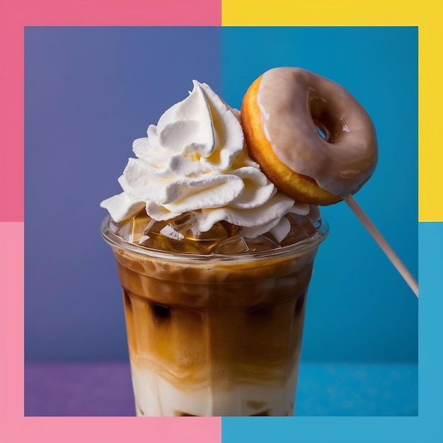 Photo ice coffee with whipped cream and donut