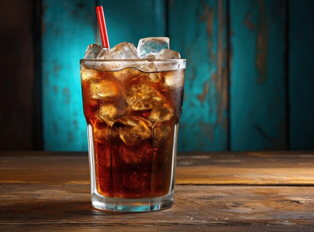 An ice cola in a glass on a sack table