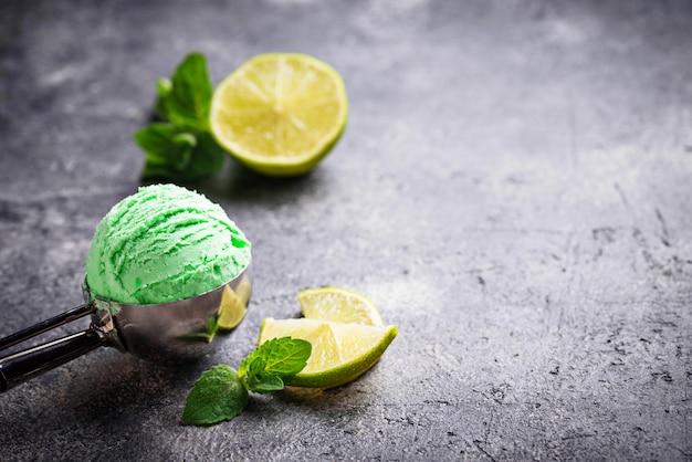 Ice cream ball with mint and lime