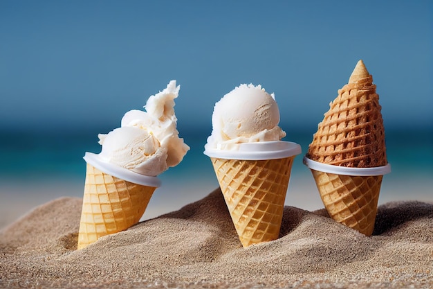 바다 3d 그림 옆 해변의 모래에 있는 바삭한 와플 콘에 있는 아이스크림
