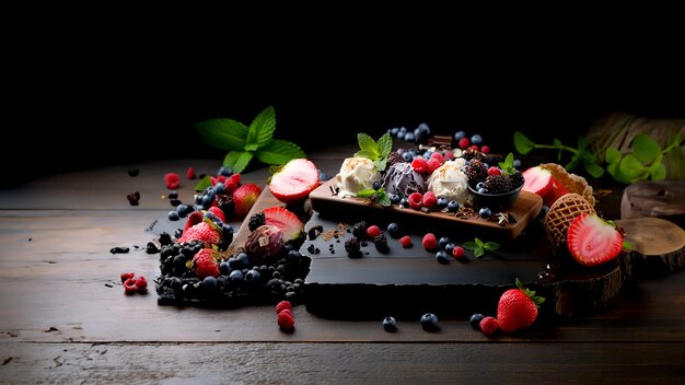 写真 木製の背景にベリーフルーツとチョコレートの静物画を含むアイスクリームバナーイラストaiで生成