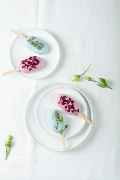 Ice cream bars with pink and green topping