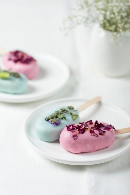 Photo ice cream bars with pink and green topping