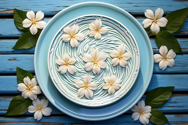 Foto gelato in piastra blu con fiori vista dall'alto su legno bianco