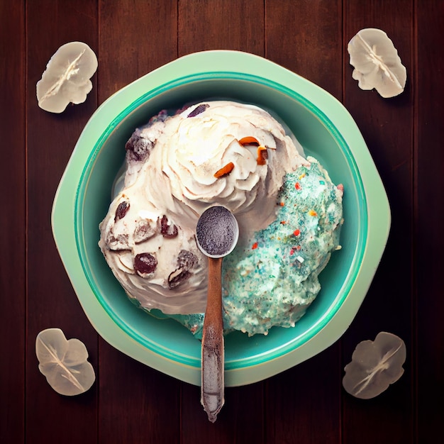 Photo ice cream in bowl on aesthetic table top view