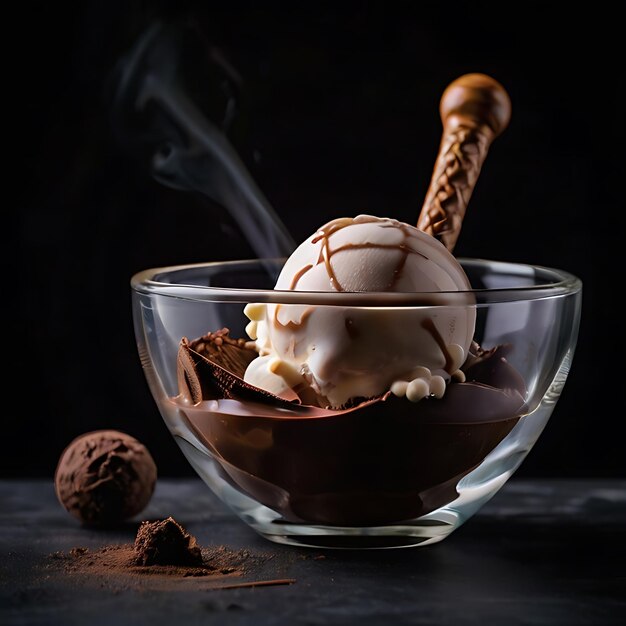 a ice cream bowl and chocolate sauce genarated by AI