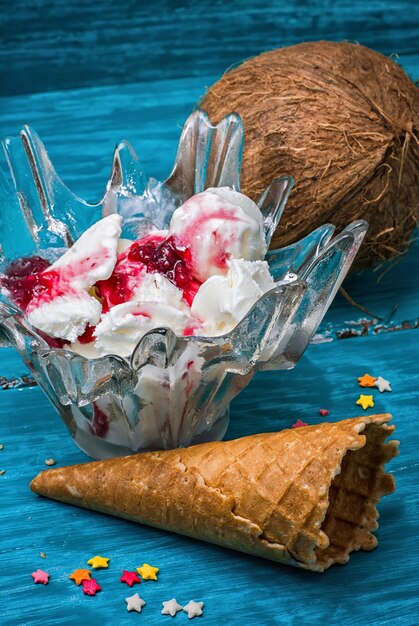 Ice cream in  bowl and two waffle cup