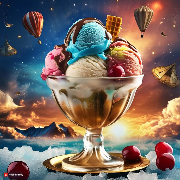 Photo ice cream in a bowl with ice cream and cherries on top