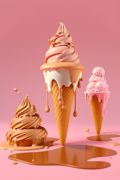 핑크색 표면 위에 아이스크림 카라멜과 카라멜 아이스크림 코너