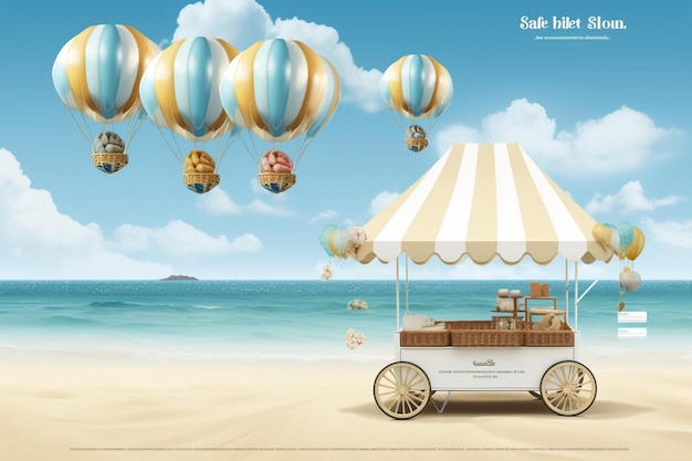 Photo an ice cream cart on the beach with hot air balloons