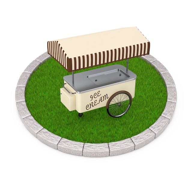 Ice Cream Cart over Round Plot of Dense Green Grass on a white background. 3d Rendering