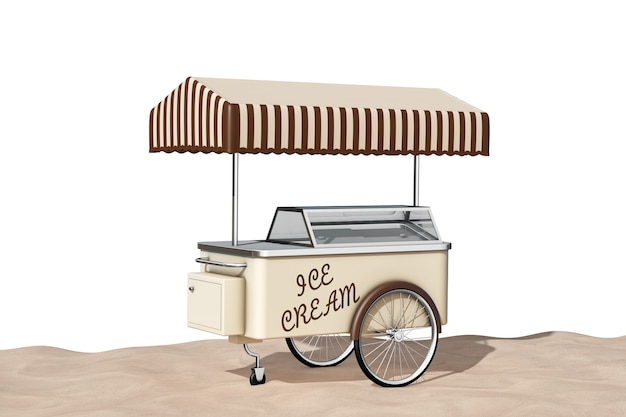 Ice Cream Cart on the Sand Sunny Beach extreme closeup on a white background. 3d Rendering