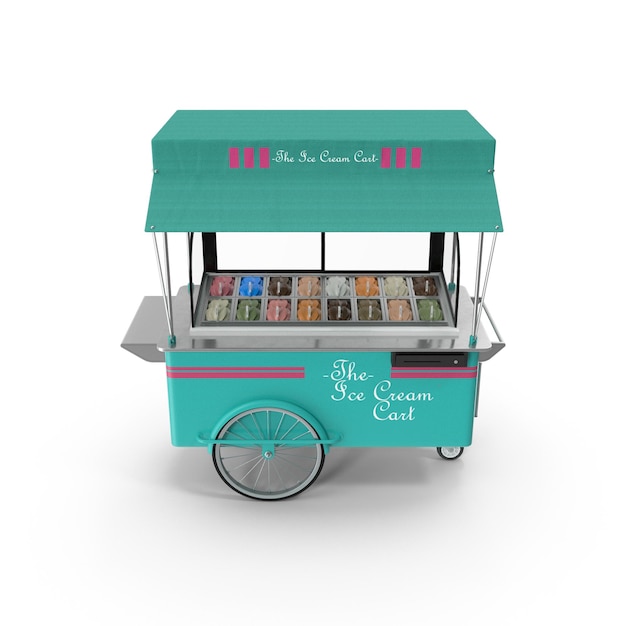 Photo ice cream cart trolley with various types of delicious ice cream showcase street cart with awning