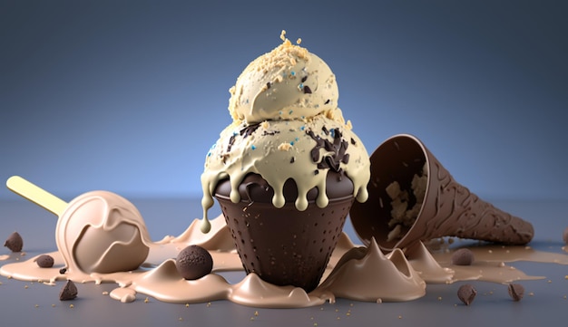 Мороженое, шоколадная стружка, вафельный рожок, иллюстративное изображение, созданное искусственным интеллектом