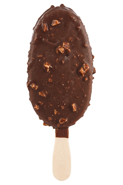 Ice cream in chocolate glaze with nuts on wooden stick.