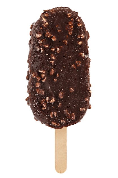 Ice cream in chocolate glaze with nuts on a wooden stick