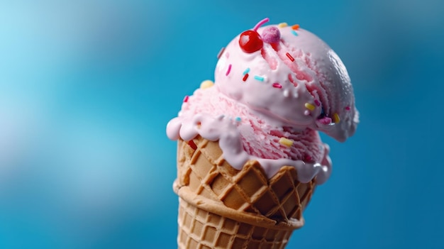 Ice cream cone on blue background Illustration AI GenerativexA