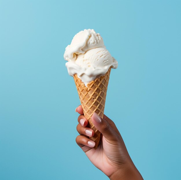 Ice cream cone on a blue background The woman holding the ice cream by hand