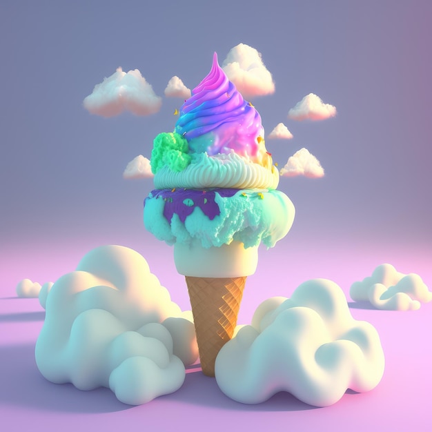 Ice cream cone bright art with clouds Generative AI