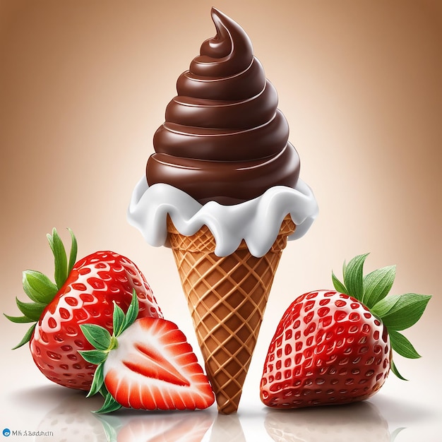 アイスクリームコーンチョコレートとバニラとイチゴの果物