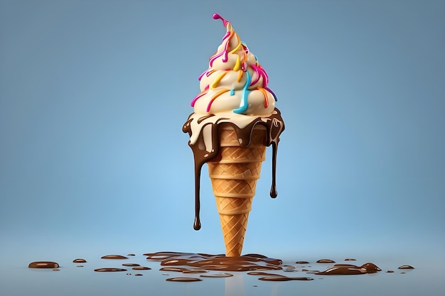 Photo ice cream cone dripping on blue background