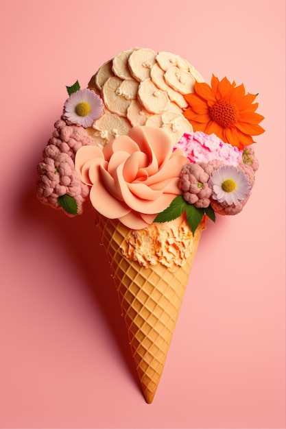 Ice cream cone and flowers on a pink background Creative concept Top view copy space Generative AI