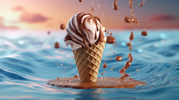 Ice cream cone hangs in the air decorated with melted chocolate Generative AI