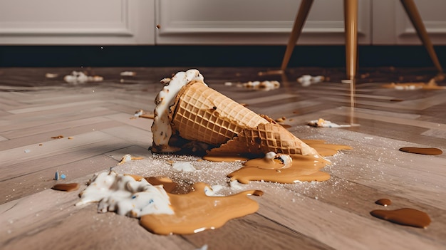 An ice cream cone is spilled on the floor