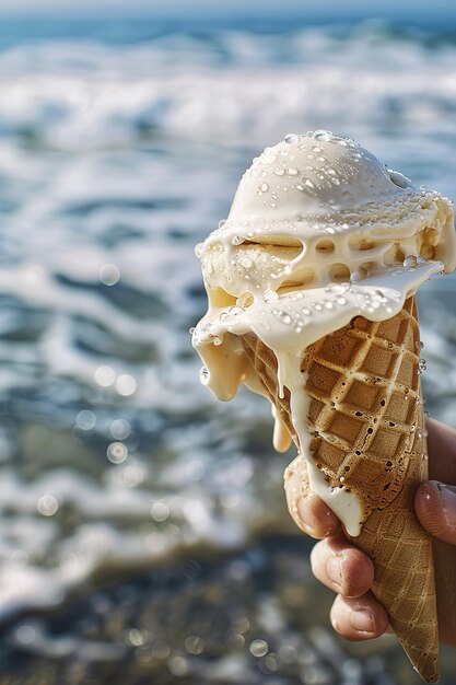 Ice cream cone melting on a warm beach