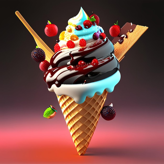 초콜릿과 딸기 아이스크림 콘 사진