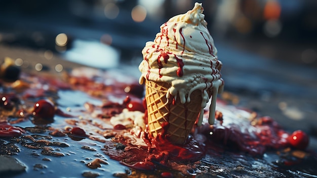 ice cream cone and a red cherry on the road in summer in the city