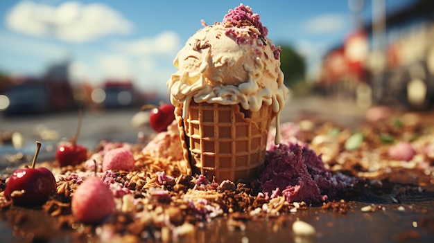 мороженое и красная вишня на дороге летом в городе