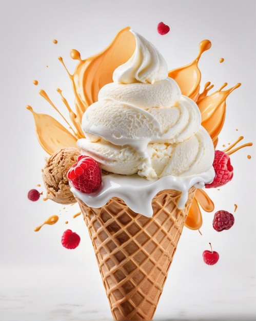 Foto splash di cono di gelato con topping