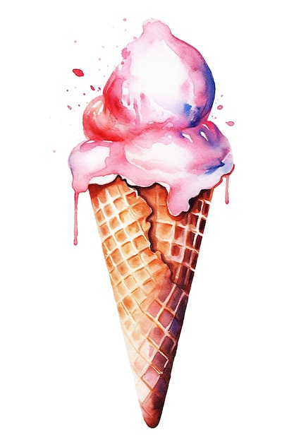 Generative AI를 사용하여 흰색 배경에 격리된 귀여운 아이스크림 콘 수채화 클립 아트
