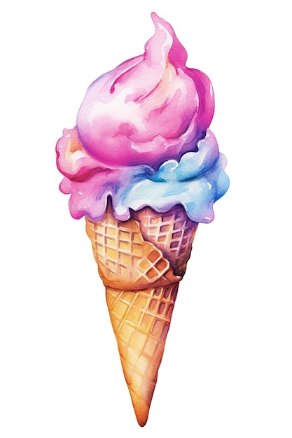 Ice cream cone watercolor clipart cute isolated on white background with Generative AI