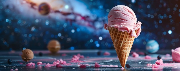 写真 宇宙の背景を持つアイスクリームコーン