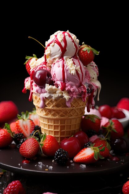 Photo a ice cream cone with berries and berries on it