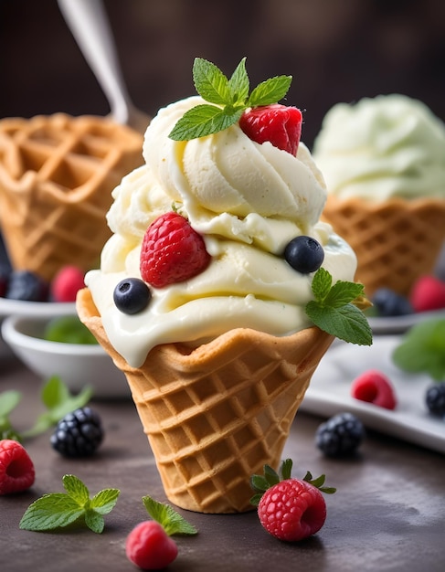 a ice cream cone with berries and berries on it