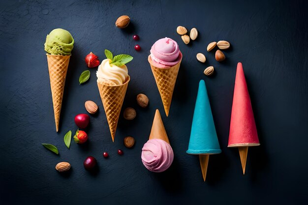 Ice cream cone with berries on a black background