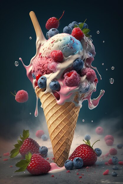 Ice cream cone with berries and fruits Generative AI