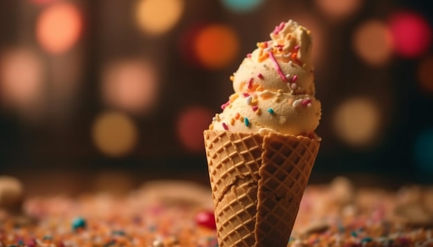 Ice cream cone with berry toppings generated by AI